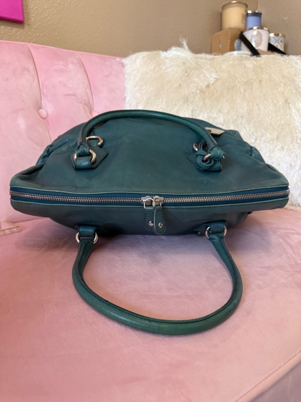 Authentic FURLA Teal Green Leather Satchel Shoulder Bag w Silver Hardware - Picture 12 of 16